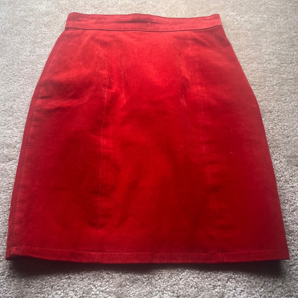Limited Red Suede Leather Pencil Skirt Vintage High Waisted Size 6 Knee Length - Picture 7 of 8